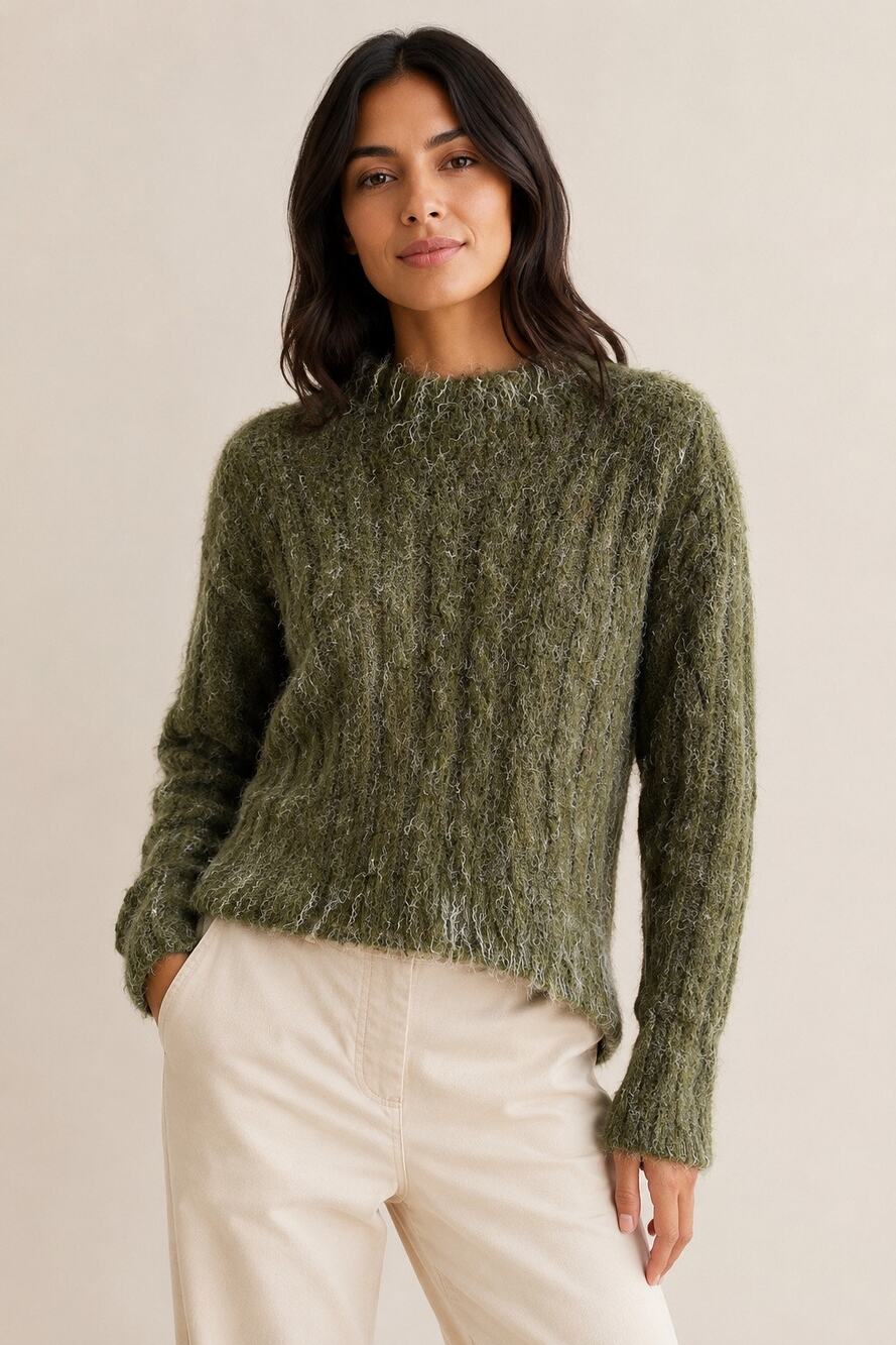 Peruvian Trading Co. Fuzzy Alpaca-Look Sweater – Olive Green Cable Knit